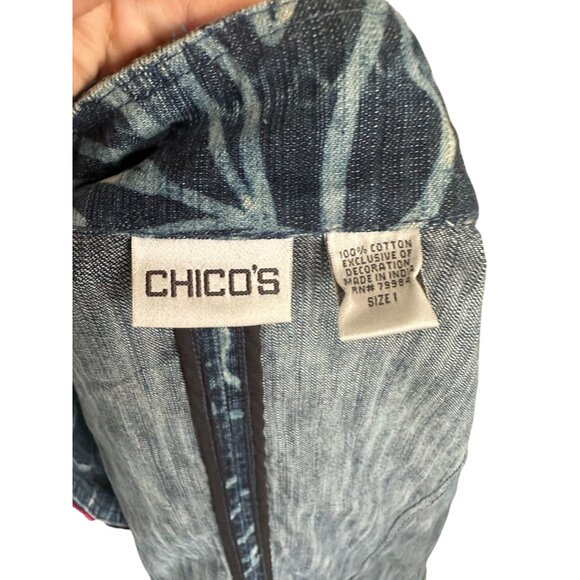 CHICOS Denim Patterned Multicolor Trim Jacket Blazer Size Chicos 1 US M 8 - Picture 7 of 7